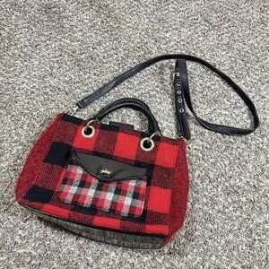 Juicy Couture Red Black Patent Leather Plaid Satchel Purse Bag Crossbody Strap
